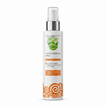 Flacone spray di latte doposole idratante Emalline Cosmetici con melograno, fragola, olio di cocco e tè verde.