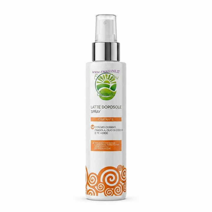 Flacone spray di latte doposole idratante Emalline Cosmetici con melograno, fragola, olio di cocco e tè verde.