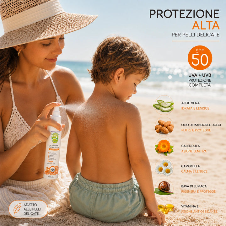 Latte solare SPF 50 EmalLine per bambini e pelli delicate resistente all’acqua