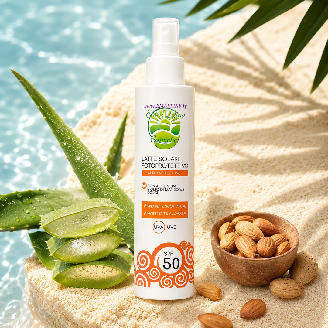 Latte solare spray SPF 50 EmalLine con aloe vera e olio di mandorle dolci su spiaggia estiva