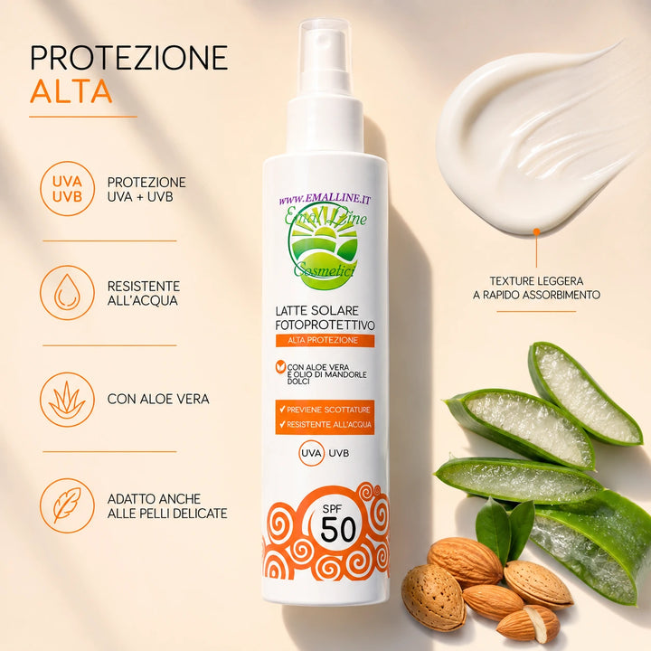Latte solare SPF 50 EmalLine texture leggera a rapido assorbimento con protezione UVA UVB