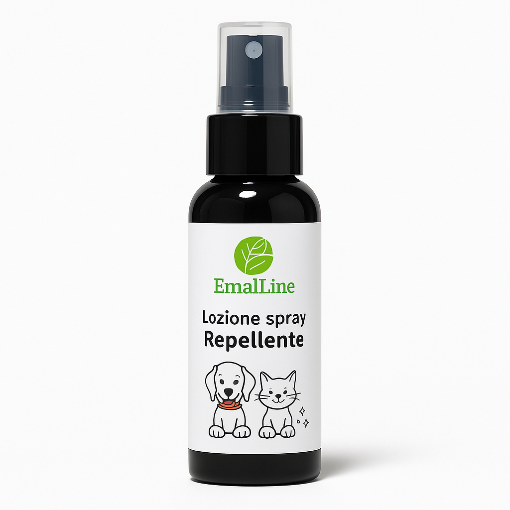 Lozione Spray Repellente per Animali EmalLine – flacone nero con etichetta bianca minimal e disegno cane e gatto. Spray naturale protettivo.