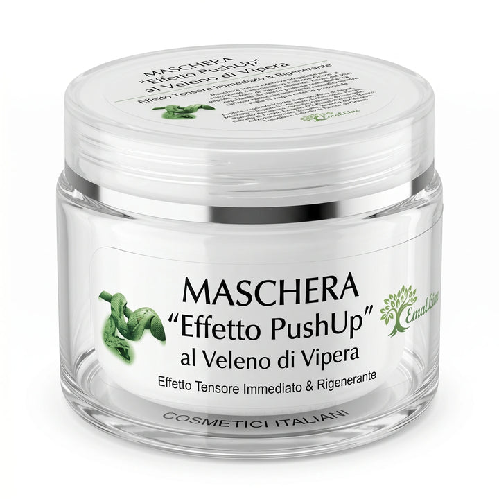 Foto prodotto professionale della Maschera Viso "Effetto PushUp" al Veleno di Vipera di EmalLine su sfondo bianco puro. Barattolo in vetro chiuso con etichetta chiara e dettagliata "Effetto Tensore Immediato &amp; Rigenerante". Cosmetici Italiani di alta qualità.