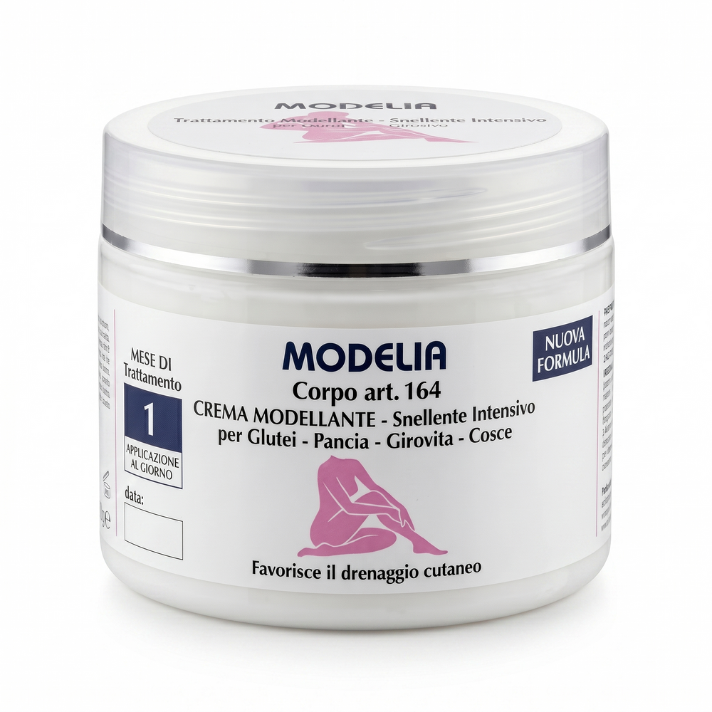 Crema corpo riscaldante Modelia art. 164, trattamento modellante e snellente intensivo per pancia, glutei e cosce, barattolo professionale su sfondo trasparente.