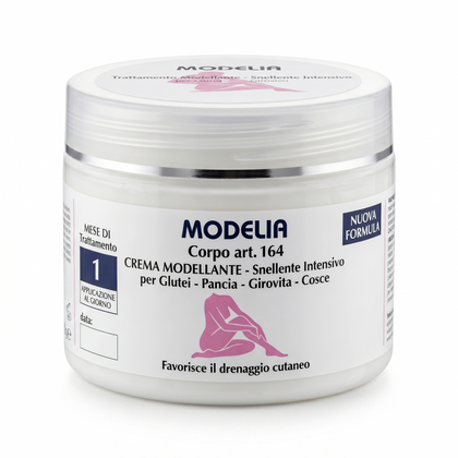 Crema corpo riscaldante Modelia art. 164, trattamento modellante e snellente intensivo per pancia, glutei e cosce, barattolo professionale su sfondo trasparente.