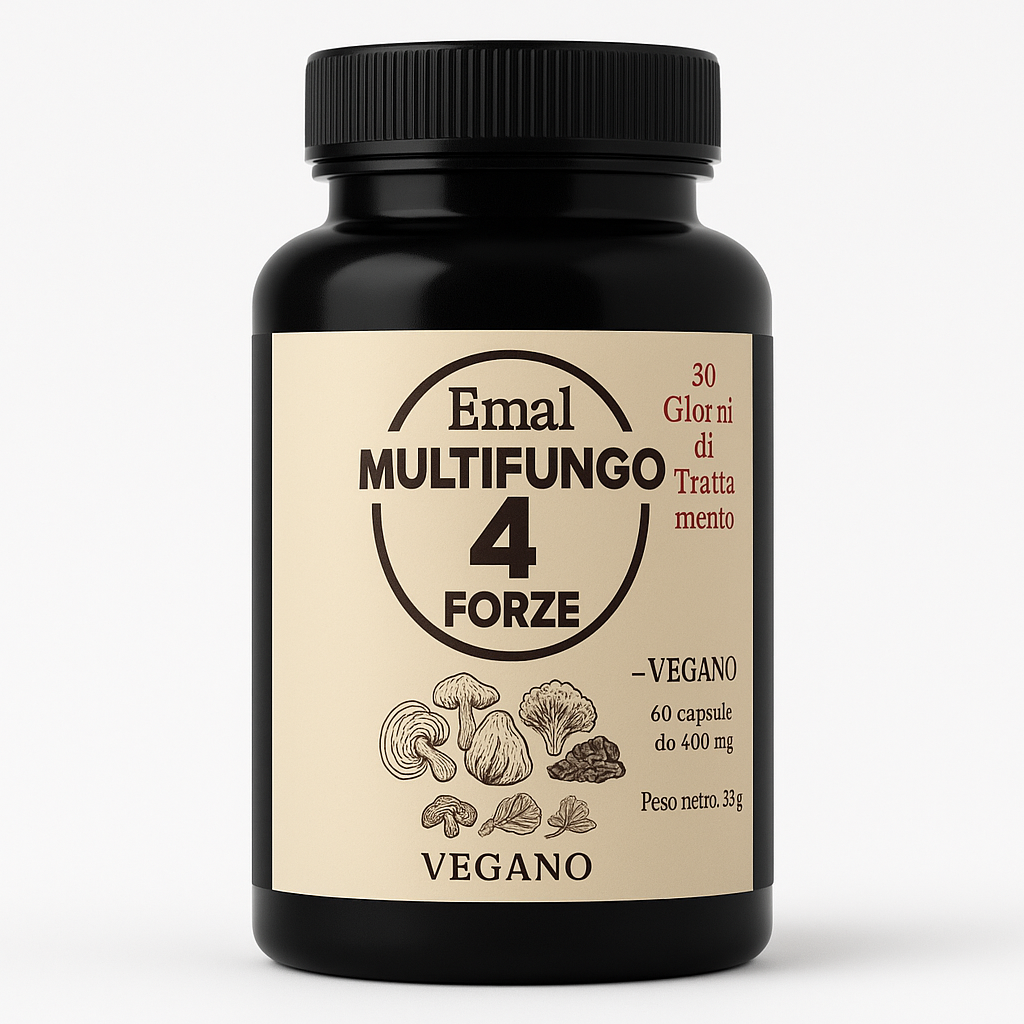Integratore Multifungo 4 Forze EmalLine – flacone nero con etichetta beige e illustrazioni dei funghi Reishi, Chaga, Cordyceps e Criniera di Leone. Vegano.