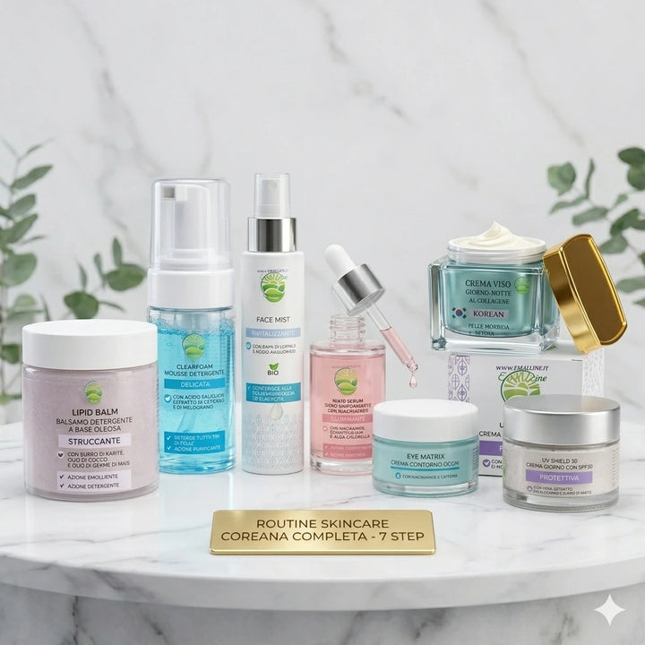 Set completo Nuri Routine Emalline con i 7 prodotti della skincare coreana su piano di marmo bianco e targhetta dorata.