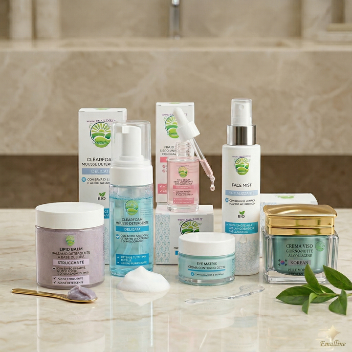 Rituale completo Nuri Routine Emalline: i 6 prodotti della Skincare Coreana al Collagene e Syn-Ake schierati su un piano di marmo bianco, con sfondo sfocato di una spa luminosa.