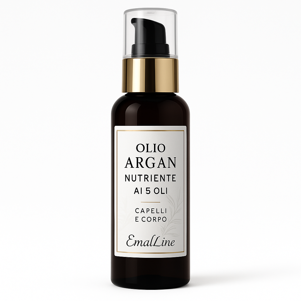 Olio Argan Nutriente ai 5 Oli EmalLine – flacone scuro con tappo oro e cappuccio trasparente. Trattamento capelli e corpo nutriente e premium