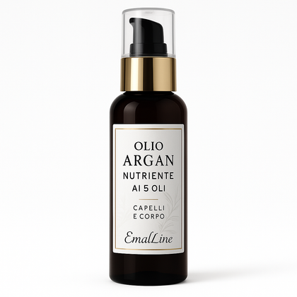 Olio Argan Nutriente ai 5 Oli EmalLine – flacone scuro con tappo oro e cappuccio trasparente. Trattamento capelli e corpo nutriente e premium