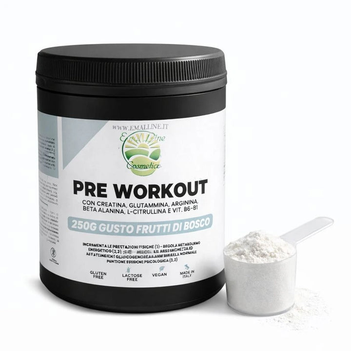 Confezione Pre Workout EmalLine Energia e Vitalità gusto Frutti di Bosco su sfondo bianco