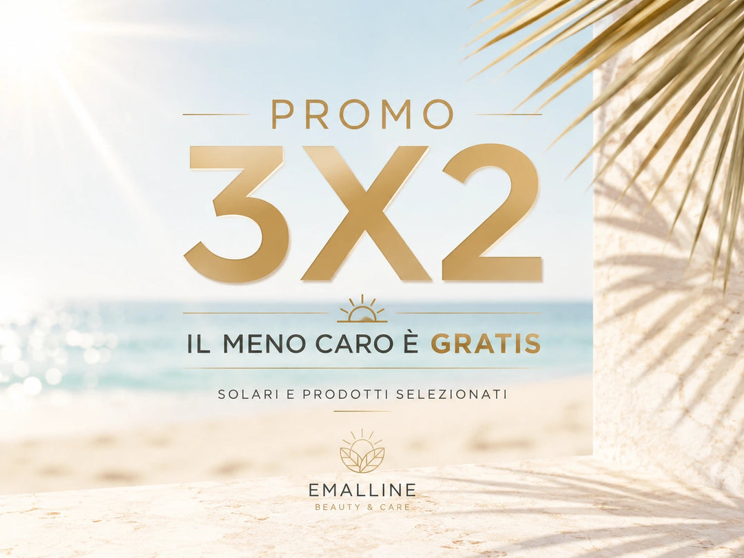 Promo 3x2 EmalLine Estate 2026 su prodotti solari e cosmetici selezionati. Acquista 3 prodotti e il meno caro è gratis. Grafica estiva con mare, spiaggia e luce solare.