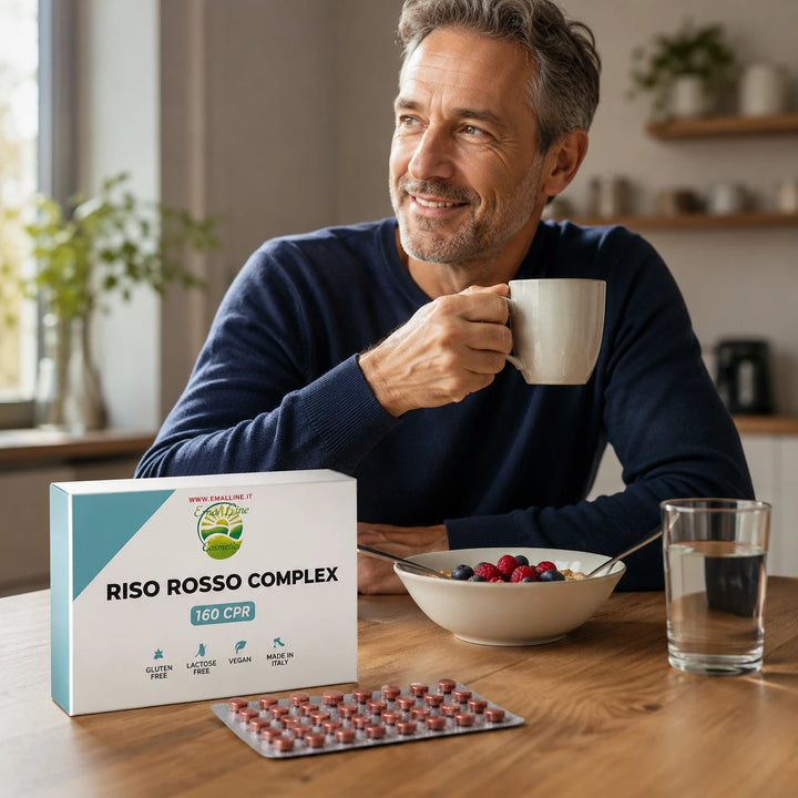 Uomo adulto durante la colazione con Riso Rosso Complex EmalLine 160 compresse e blister visibile, inserito nella routine quotidiana per il benessere cardiovascolare e metabolico.