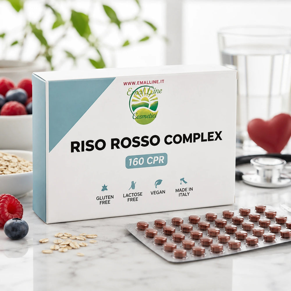 Riso Rosso Complex EmalLine 160 compresse con blister aperto, chicchi di riso rosso e bicchiere d'acqua in ambientazione benessere e nutrizione.
