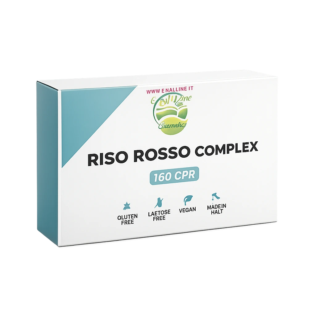 Confezione di Riso Rosso Complex EmalLine 160 compresse, integratore alimentare a base di riso rosso fermentato, coenzima Q10, policosanoli, acido folico e cromo, fotografata su sfondo bianco per e-commerce Shopify.