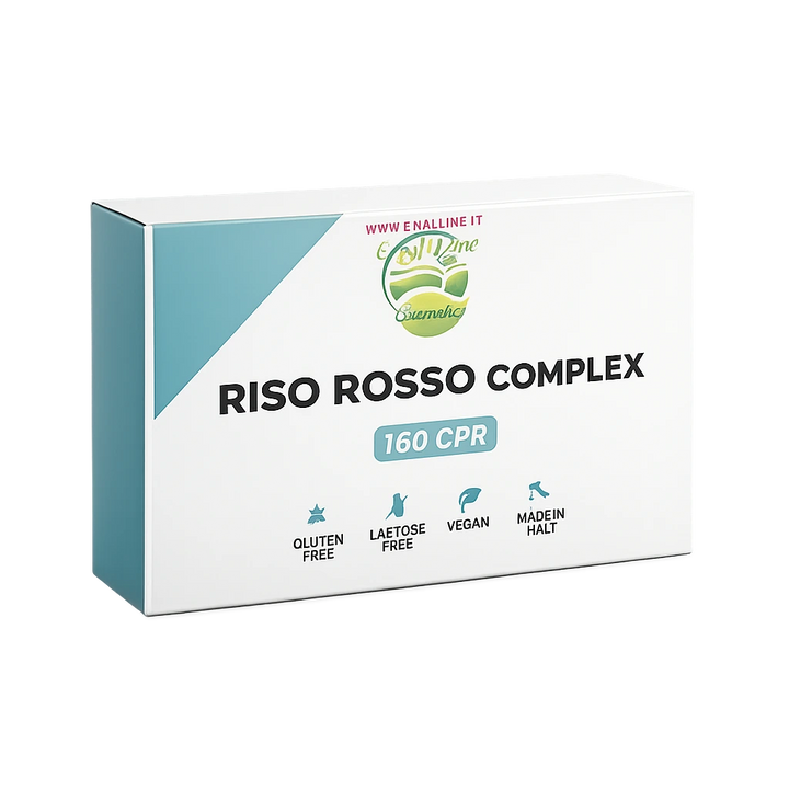 Confezione di Riso Rosso Complex EmalLine 160 compresse, integratore alimentare a base di riso rosso fermentato, coenzima Q10, policosanoli, acido folico e cromo, fotografata su sfondo bianco per e-commerce Shopify.