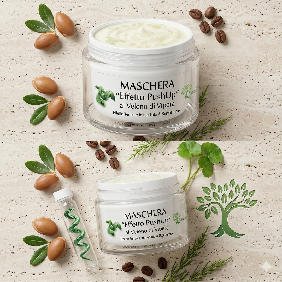 Composizione Flat Lay premium della Maschera Viso EmalLine Effetto PushUp su pietra travertino. Mostra la consistenza della crema aperta e gli ingredienti naturali: Noci di Argan, Chicchi di Caffè e Veleno di Vipera stilizzato in provetta. Include logo EmalLine.