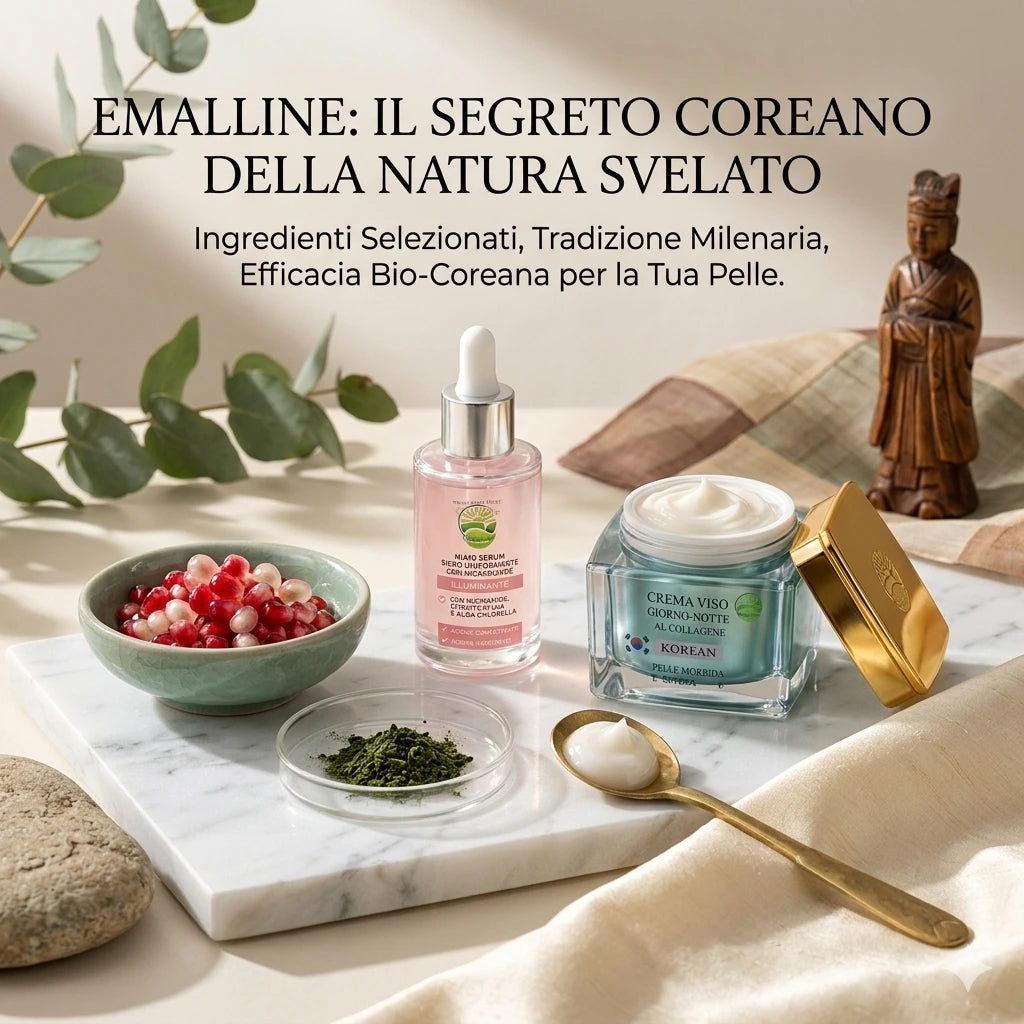 Ingredienti naturali e prodotti Nuri Routine con estratti di melograno e tè verde su base di marmo, stile tradizione millenaria.