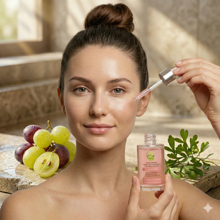 Primo piano di una donna che applica gocce di siero viso NIA10 Emolline sulla pelle del viso con il contagocce. Texture leggera e illuminante visibile sulla pelle. Skincare professionale.