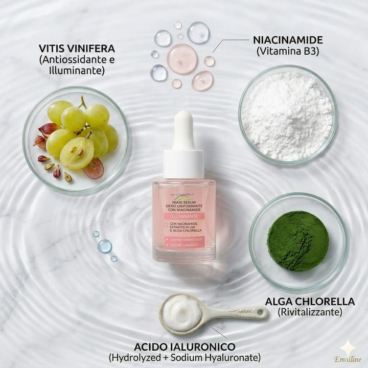 Infografica professionale del siero viso NIA10 Emolline con i 4 ingredienti chiave disposti intorno: Vitis Vinifera, Niacinamide, Alga Chlorella e Acido Ialuronico. Etichette chiare su fondo marmo e acqua.