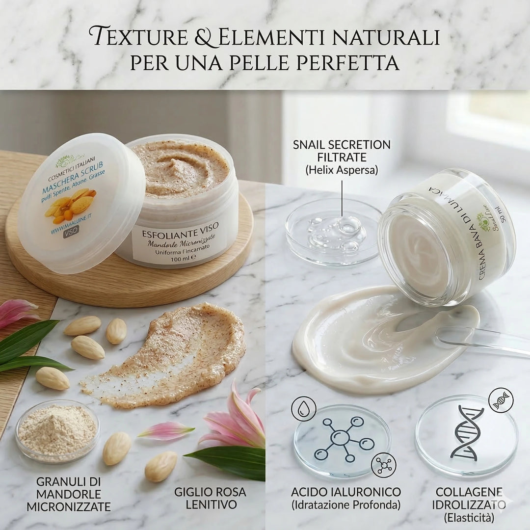 Dettaglio texture dei cosmetici EmalLine: granuli di mandorle micronizzate dello scrub e bava di lumaca pura della crema viso con acido ialuronico