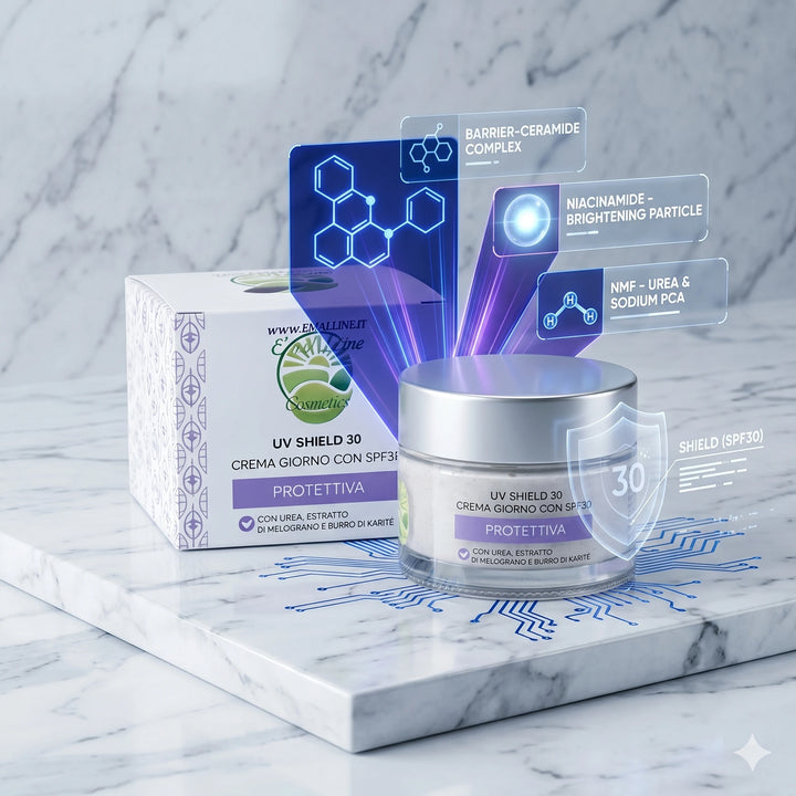 Infografica tecnica UV Shield 30 BioLine con evidenza dei complessi Ceramide, Niacinamide e Urea su piano di marmo.