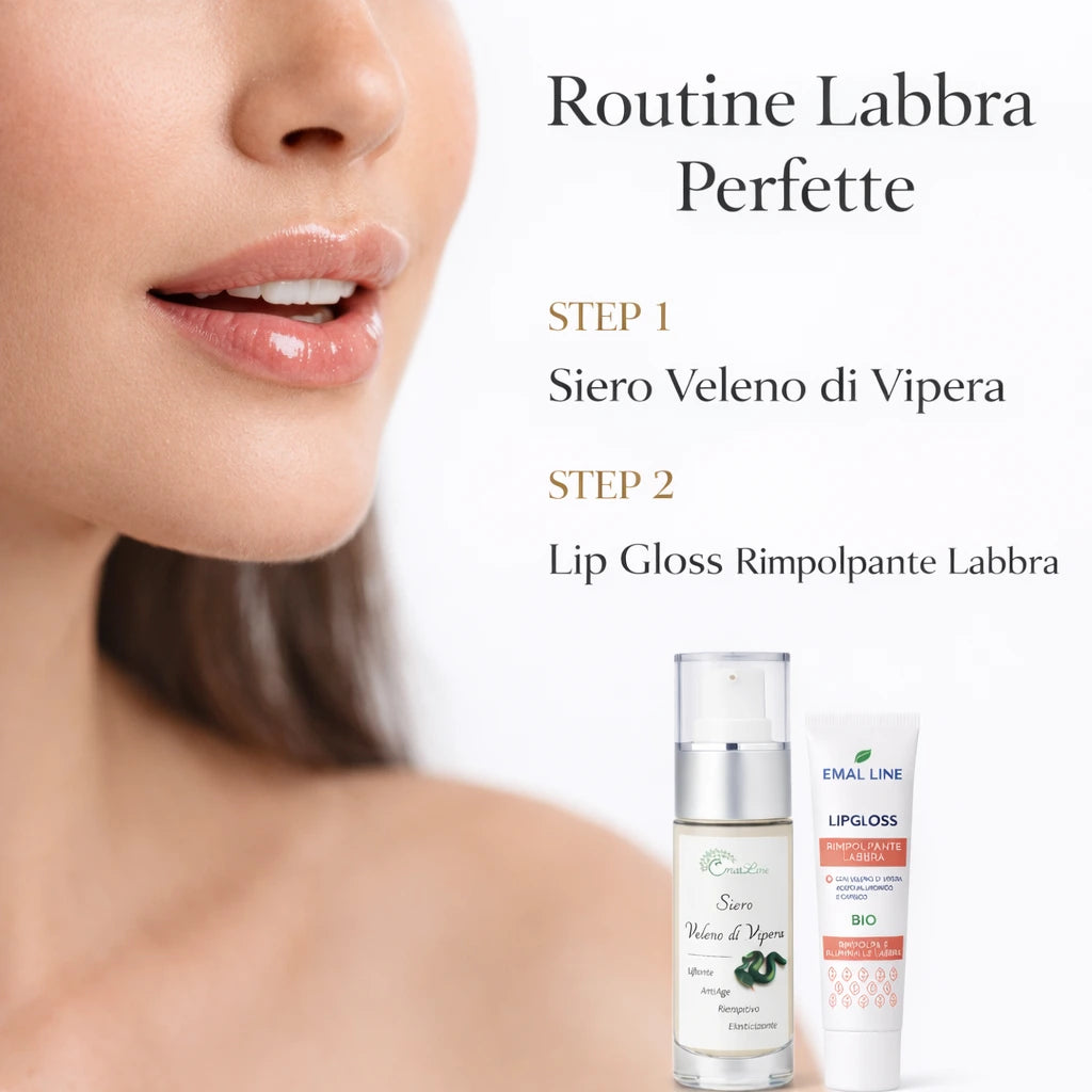 Routine labbra 2 step EmalLine con siero veleno di vipera e lip gloss rimpolpante. Trattamento completo per labbra più piene e luminose