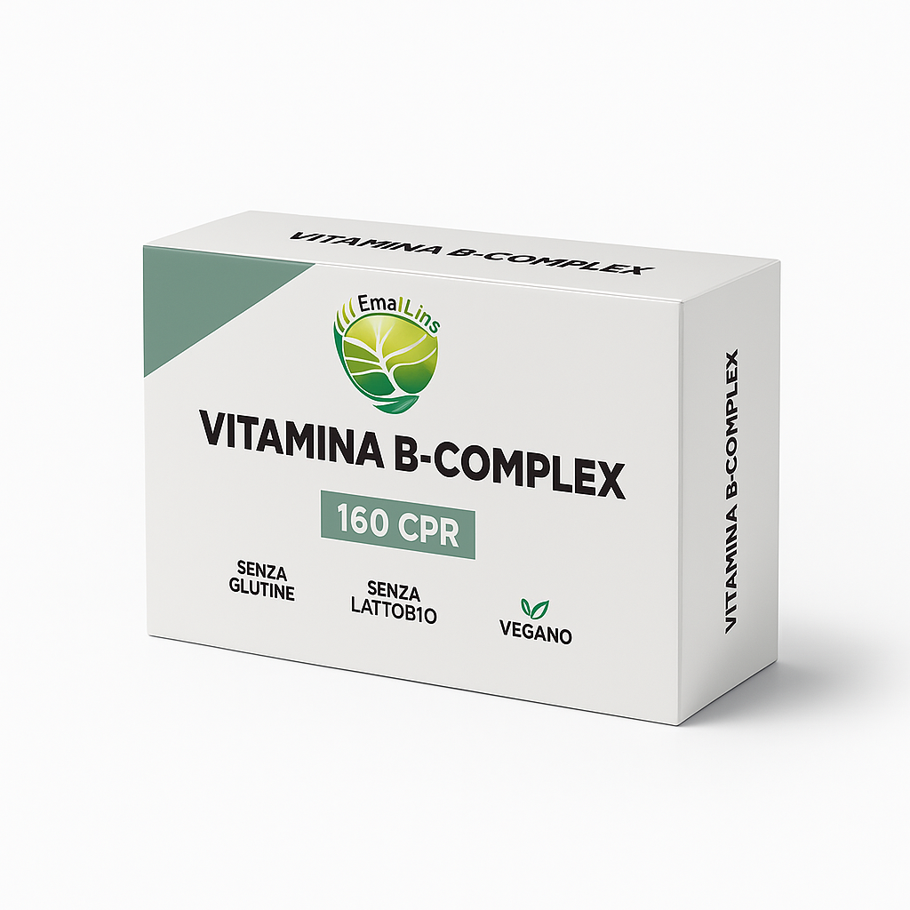 Foto pubblicitaria Vitamina B-Complex EmalLine – confezione 160 CPR con blister da 40 microcompresse sferiche e alcune compresse sciolte, vegan.
